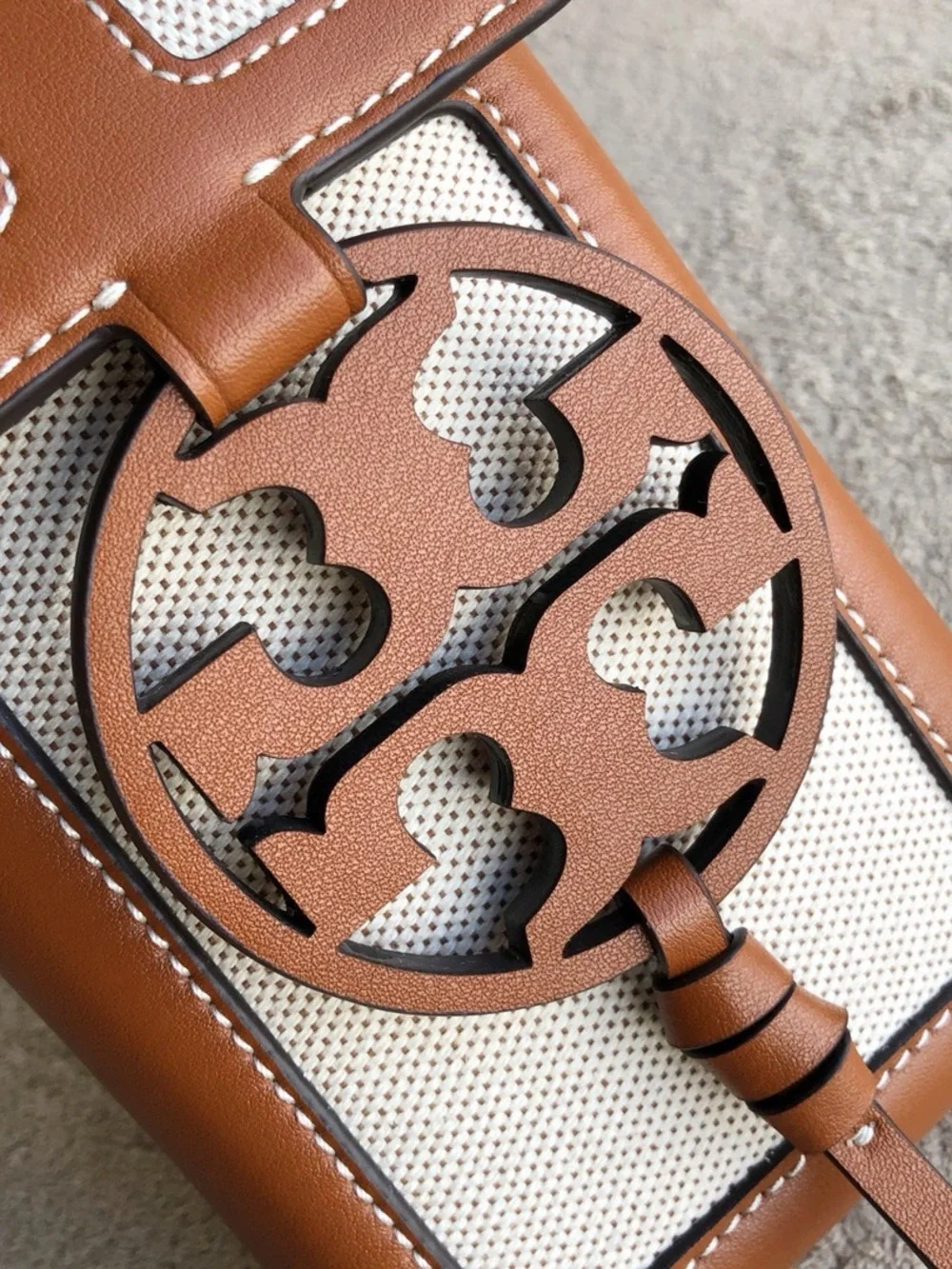 Tory Burch Tan and Cream Logo Cutout Crossbody Bag